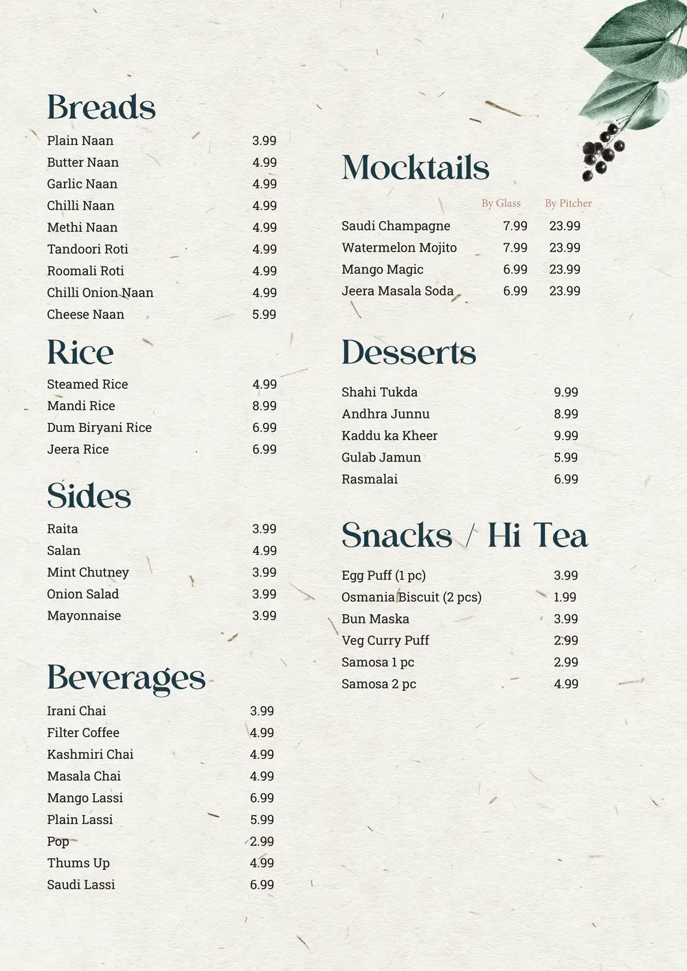 Breads, rice, sides, beverages, mocktails, desserts and snacks